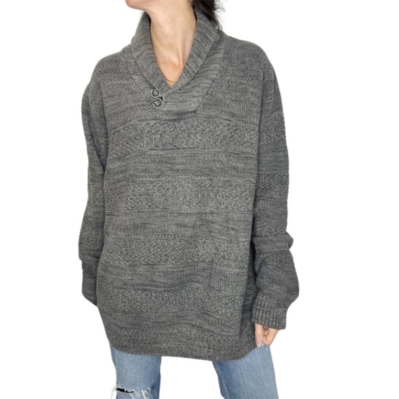 Grey 100% cotton shawl collar pullover grandpa sweater XL - Picture 1 of 10